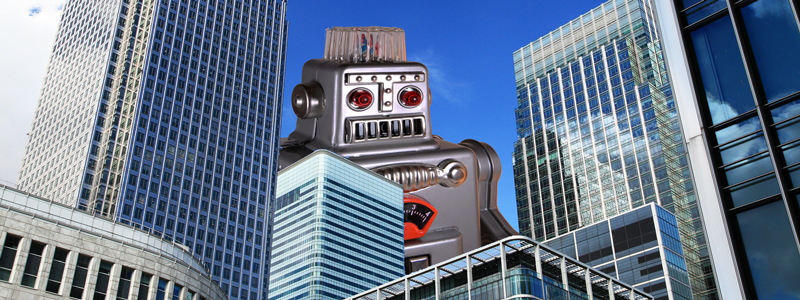 Giant robot eating real estate