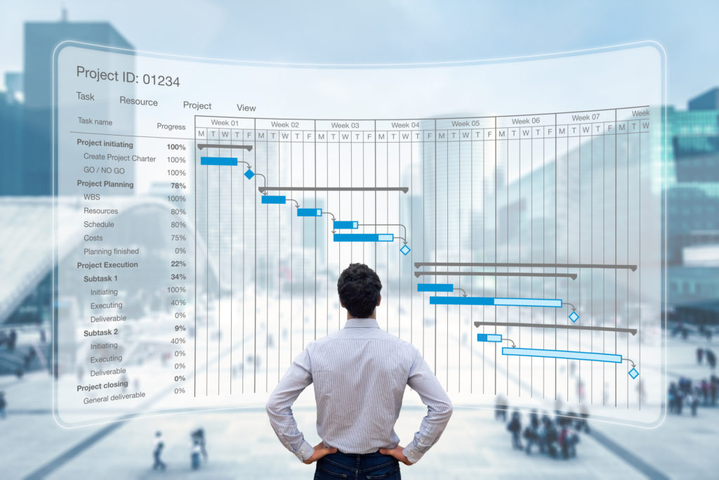 Man gazing at Gantt chart of property metrics