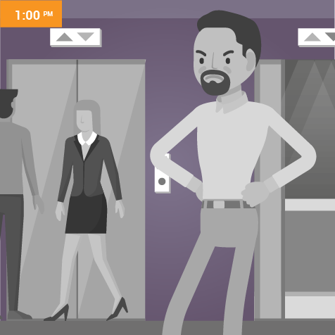 Illustration of an upset man by the elevator
