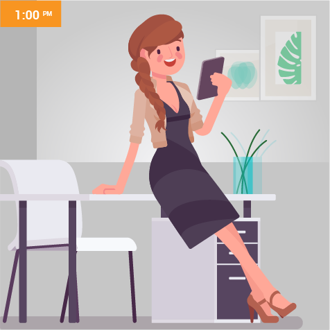 Illustration of a happy woman looking at her ipad