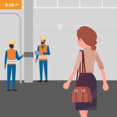 Illustration of a woman walking by two construction workers