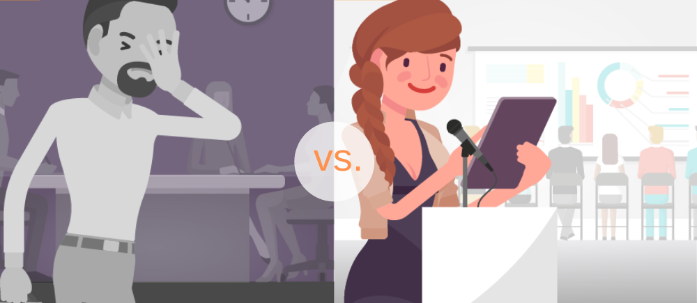 Upset man vs content woman at a presentation