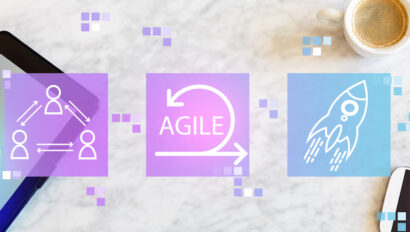 Illustrations of people, the word agile, and a space ship