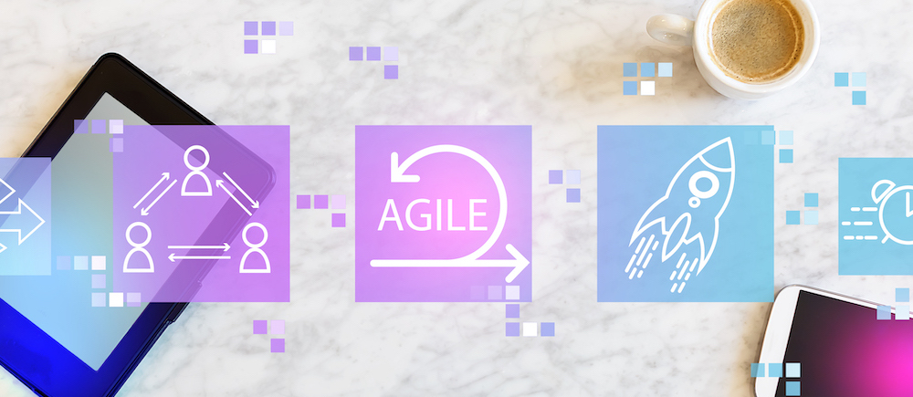 Illustrations of people, the word agile, and a space ship