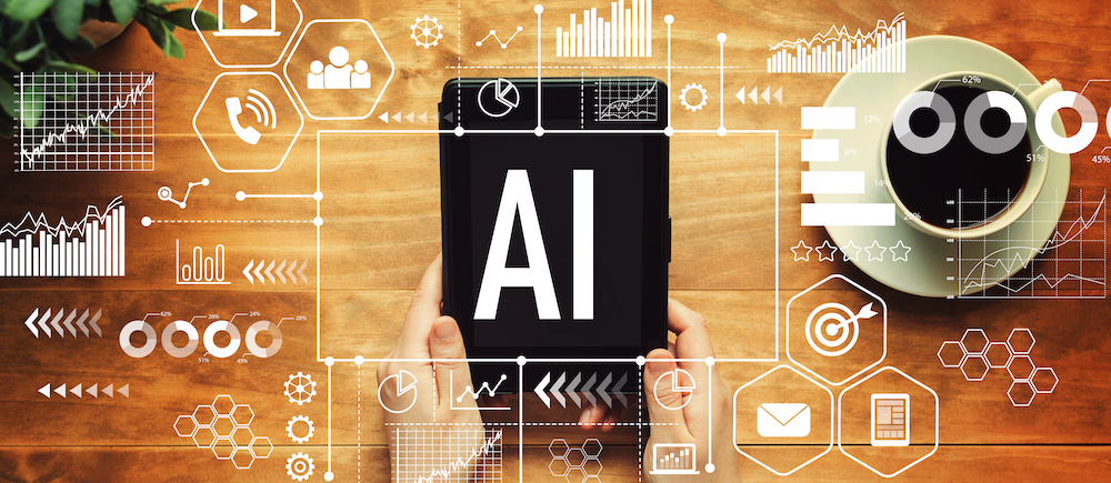 AI text overlaid on a tablet and coffee cup