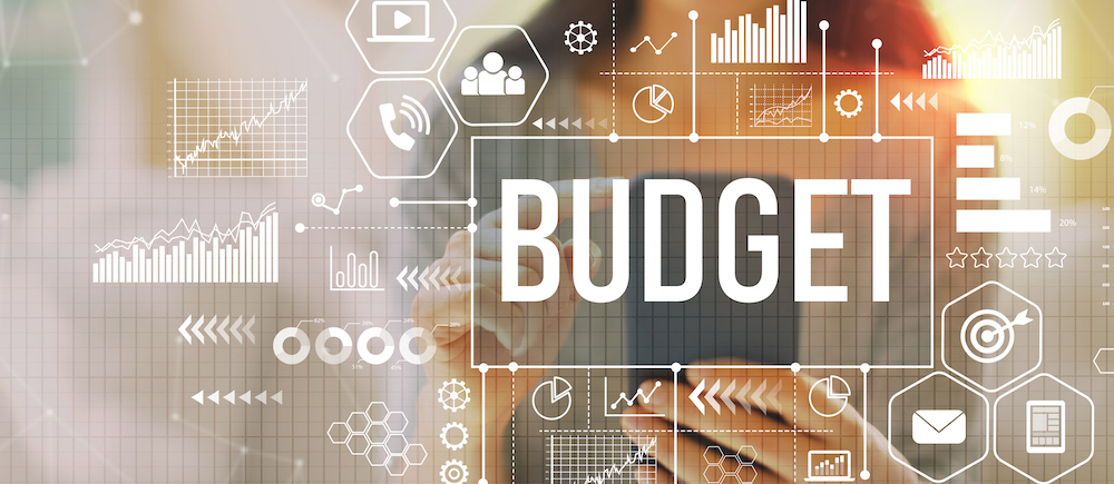 Illustration of the word budget with a person behind