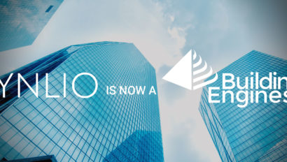 Synlio and Building Engines logo on a city skyscraper