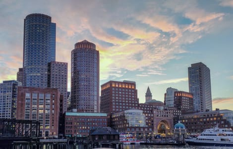 Boston skyline from the water at sunset