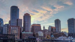 Boston skyline from the water at sunset