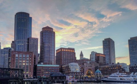 Boston skyline from the water at sunset