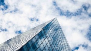 Looking up at city buildings