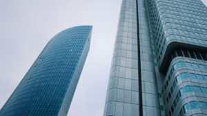 Looking up at skyscrapers