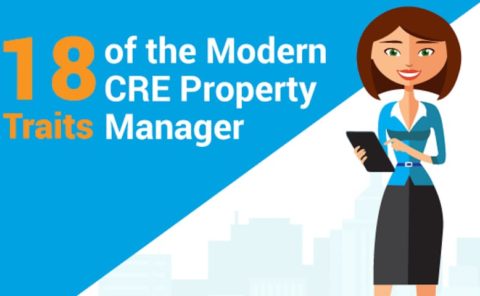 Infographic of 18 traits of the modern CRE property manager with an illustrated woman standing holding a ipad