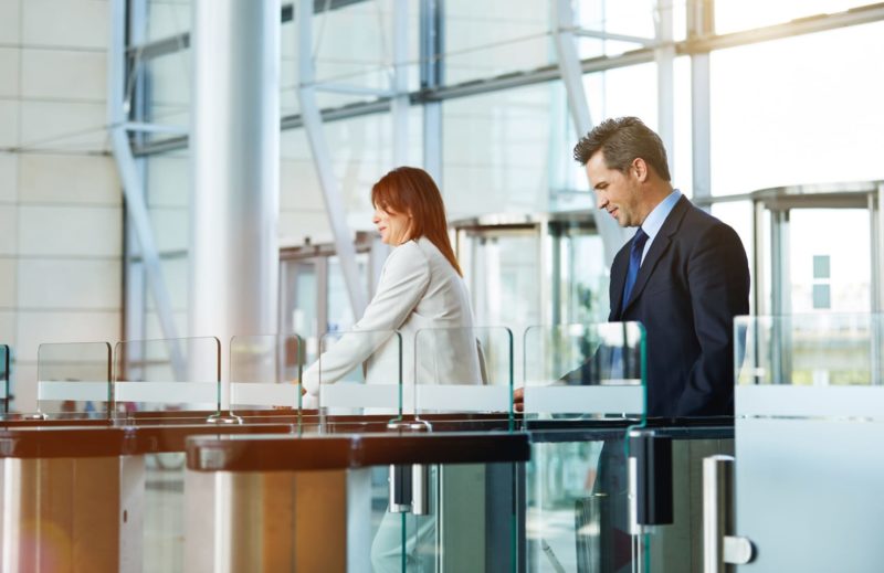 Employees going through building security