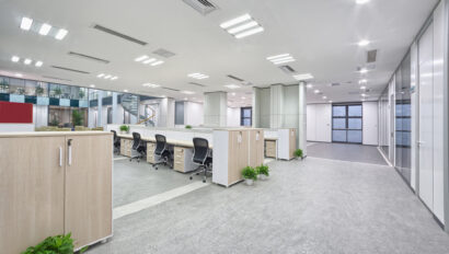 Bright, shiny interior of a modern office building